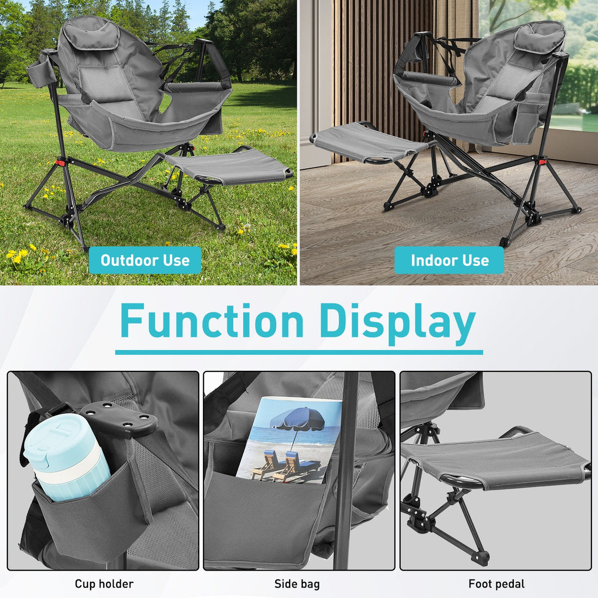 Ainfox Hammock Camping Chair with Footrest, Foldable Portable Rocking Chairs for Adults Outside Swinging Camp for Outdoor Patio Poolside